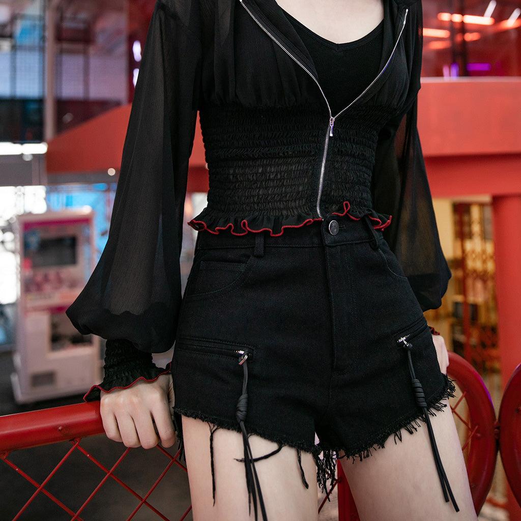 Chinese Style Silk Fan”Heart shape buckle belt with contrast color zipper shorts OPK-361NDF - Punk Rave Original Designer Clothing