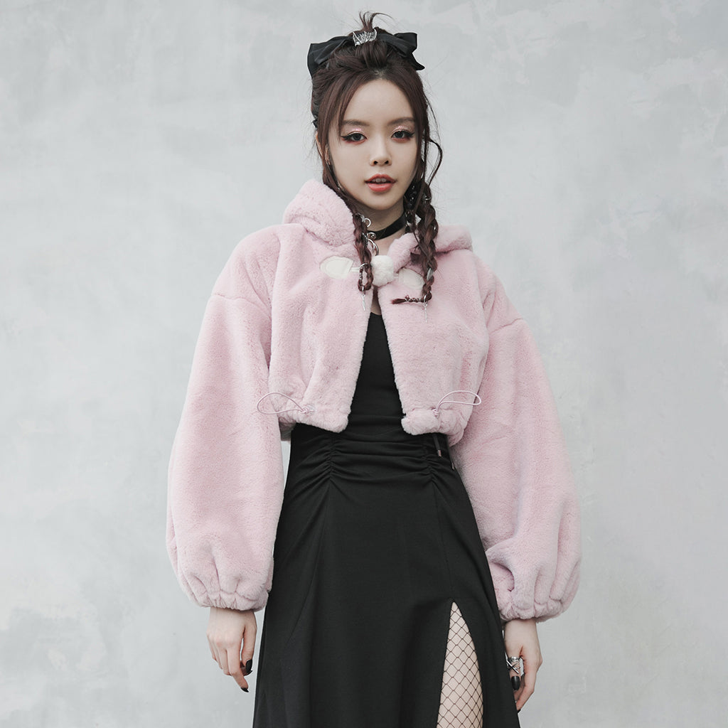 Small ears drawstring cap short coat