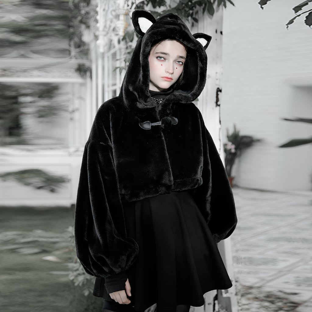 Small ears drawstring cap short coat