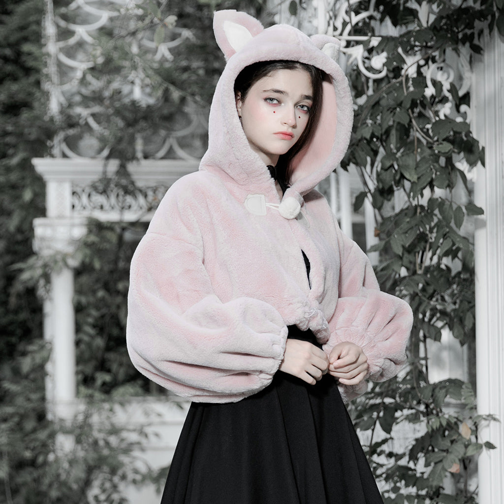 Small ears drawstring cap short coat