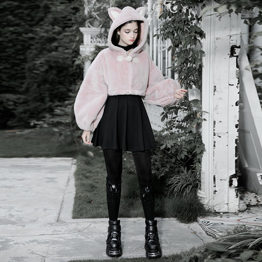 Small ears drawstring cap short coat