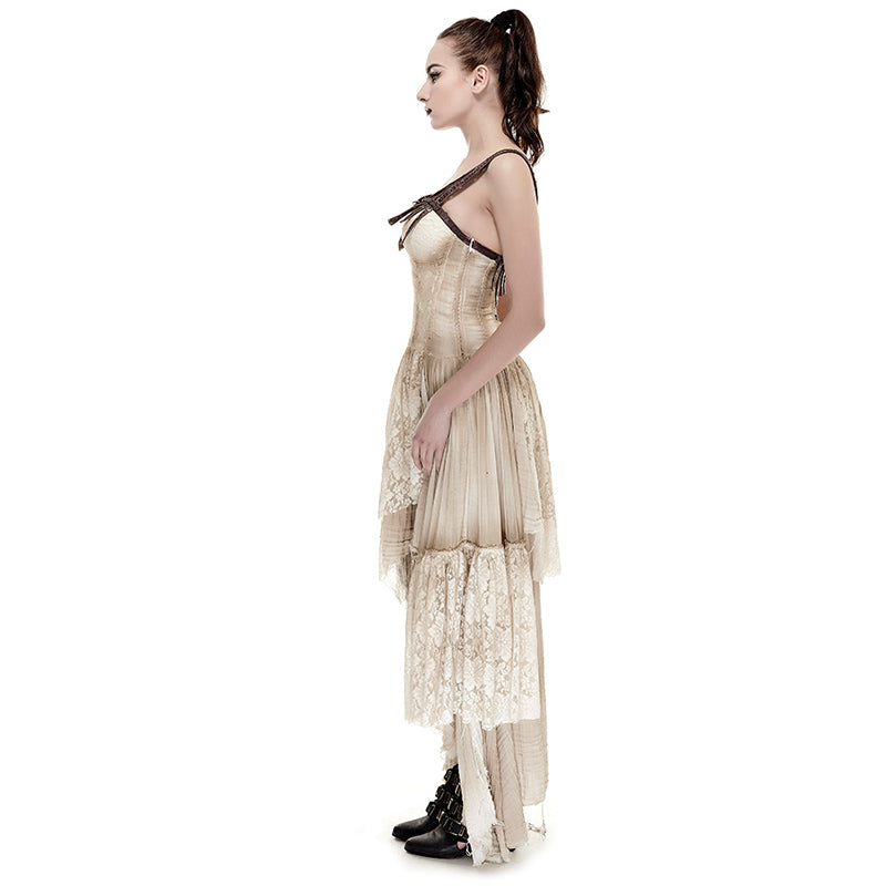 Asymmetrical Hem Lace Matching Do Old Steampunk Dress Q-291