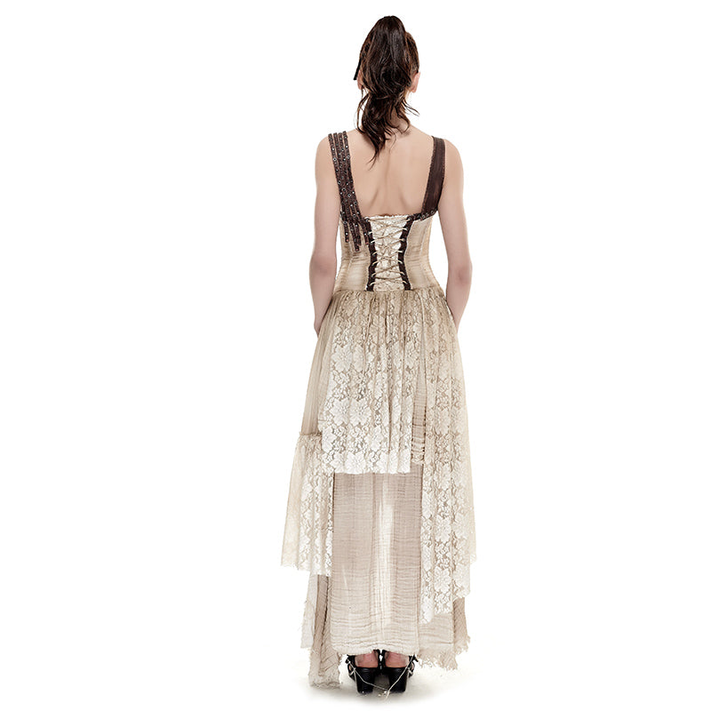 Asymmetrical Hem Lace Matching Do Old Steampunk Dress Q-291